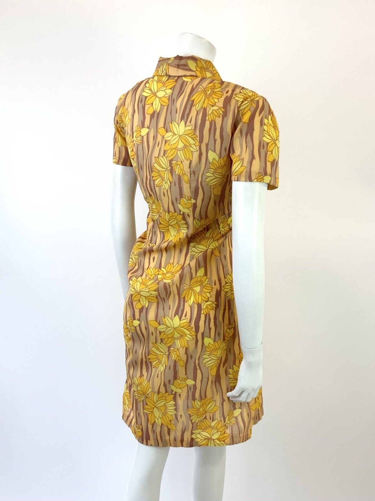 VINTAGE 60s 70s YELLOW BROWN BEIGE STRIPED FLORAL MOD SHIRT SHIFT DRESS 14 16