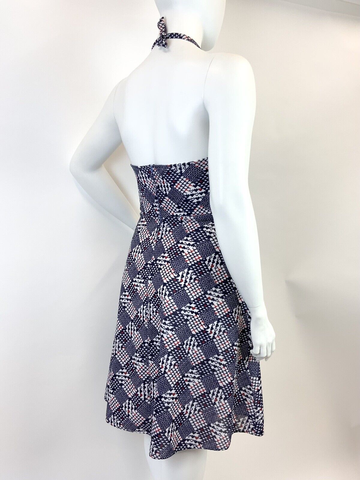 VINTAGE 60s 70s BLUE RED WHITE GEOMETRIC CHECKERBOARD MOD HALTER SUMMER DRESS 16