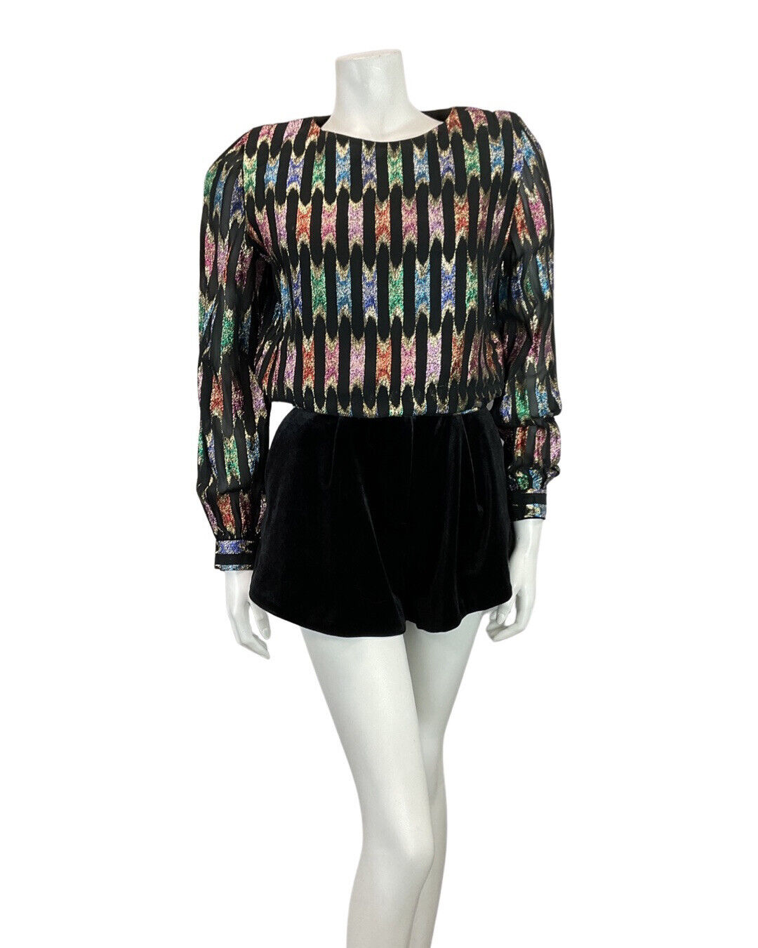 VINTAGE 70s 80s BLACK GREEN SILVER STRIPED DISCO PARTY SHEER BLOUSE TOP 10