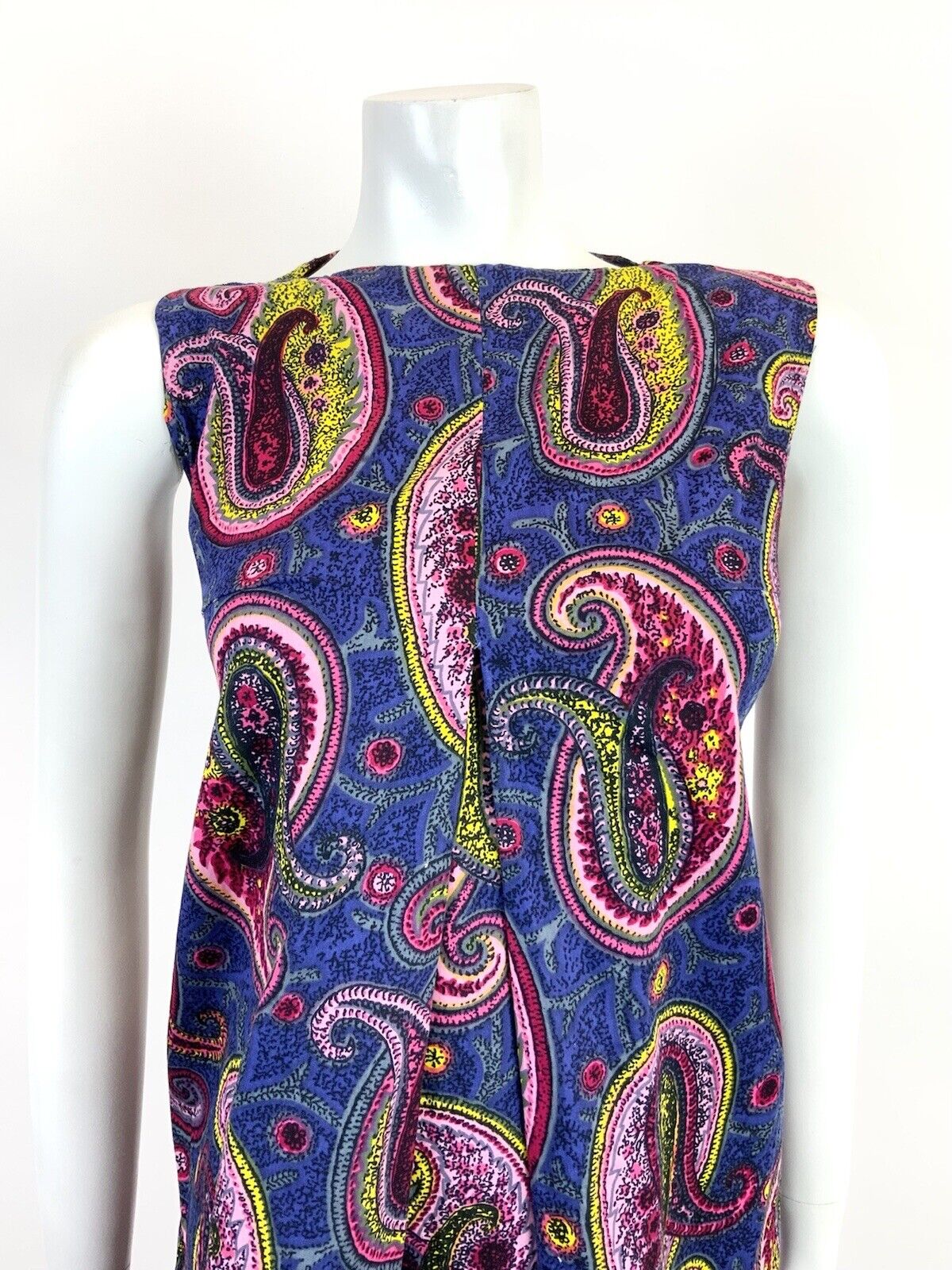 VTG 60s 70s BLUE PINK YELLOW PSYCHEDELIC PAISLEY MOD SHIFT  A-LINE DRESS 10 12
