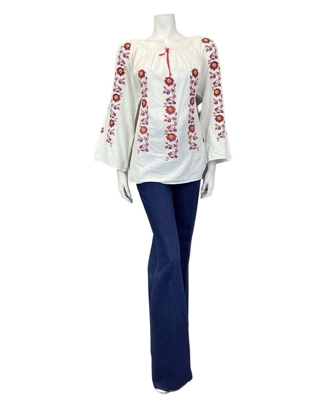 VINTAGE 60s 70s WHITE RED FLORAL CROSS-STITCH BOHO FOLK LONGSLEEVE BLOUSE 10 12