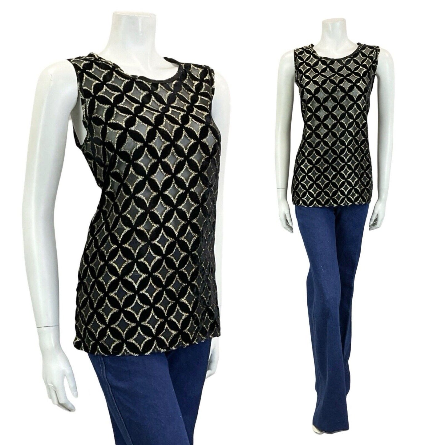 VTG 60S 70S BLACK GOLD ART DECO TILED BURNOUT VELVET PARTY TANK TOP 14