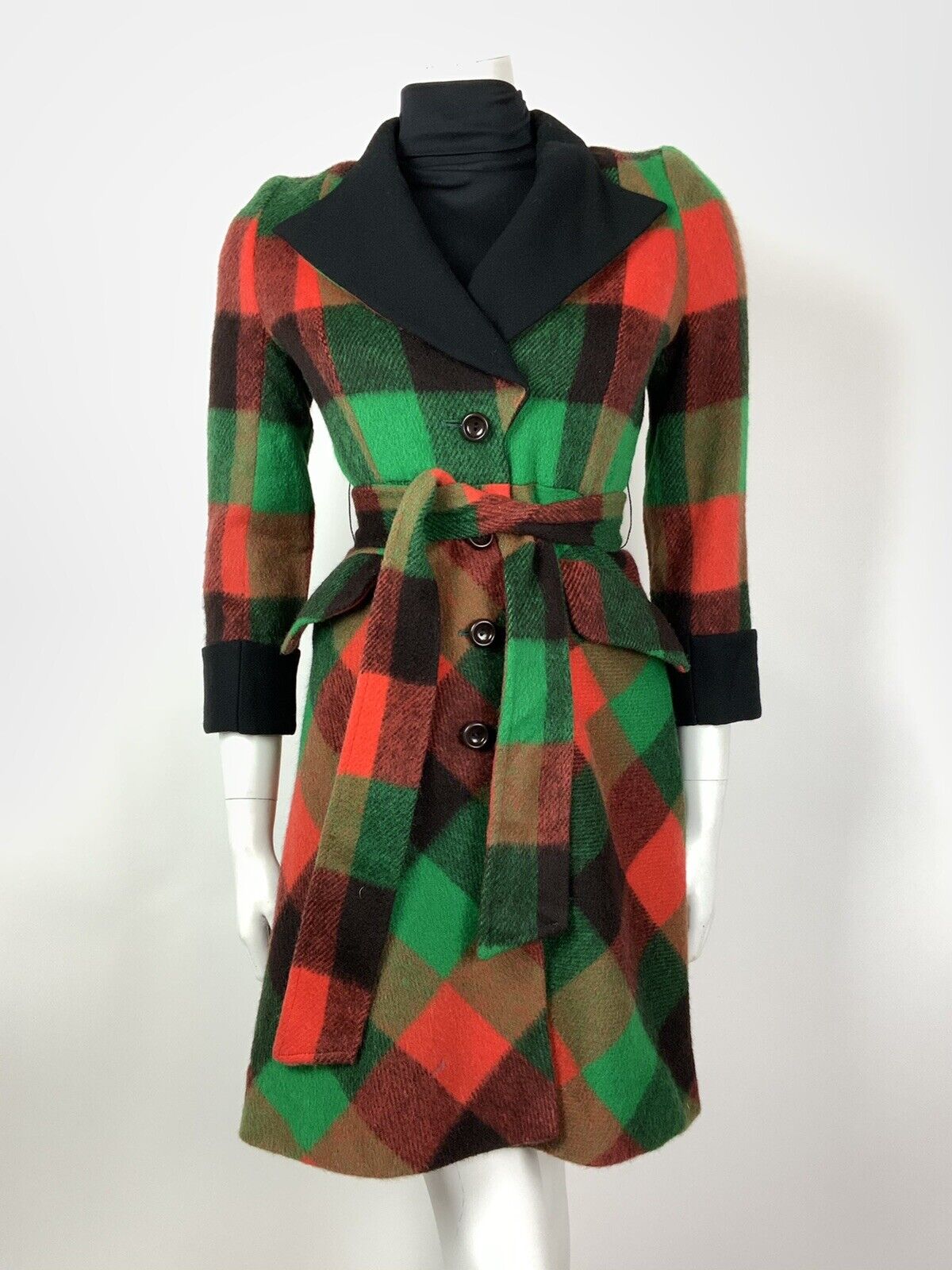 VTG 90s DOES 70S GREEN ORANGE BLACK CHECK BELTED PRINCESS SHORT WOOL COAT 8