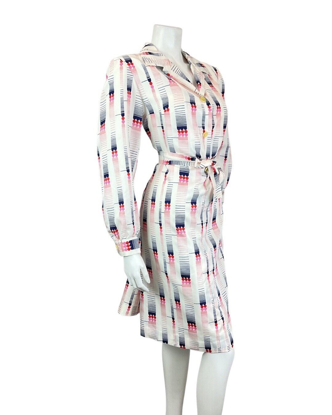 VINTAGE 60s 70s WHITE PINK BLUE GEOMETRIC MOD BELTED SHIRT DRESS 14