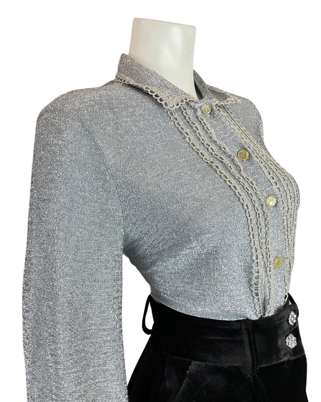 VINTAGE 60s 70s SILVER SCALLOPED GLITTER DISCO PARTY STUDIO 54 LUREX SHIRT 14 16