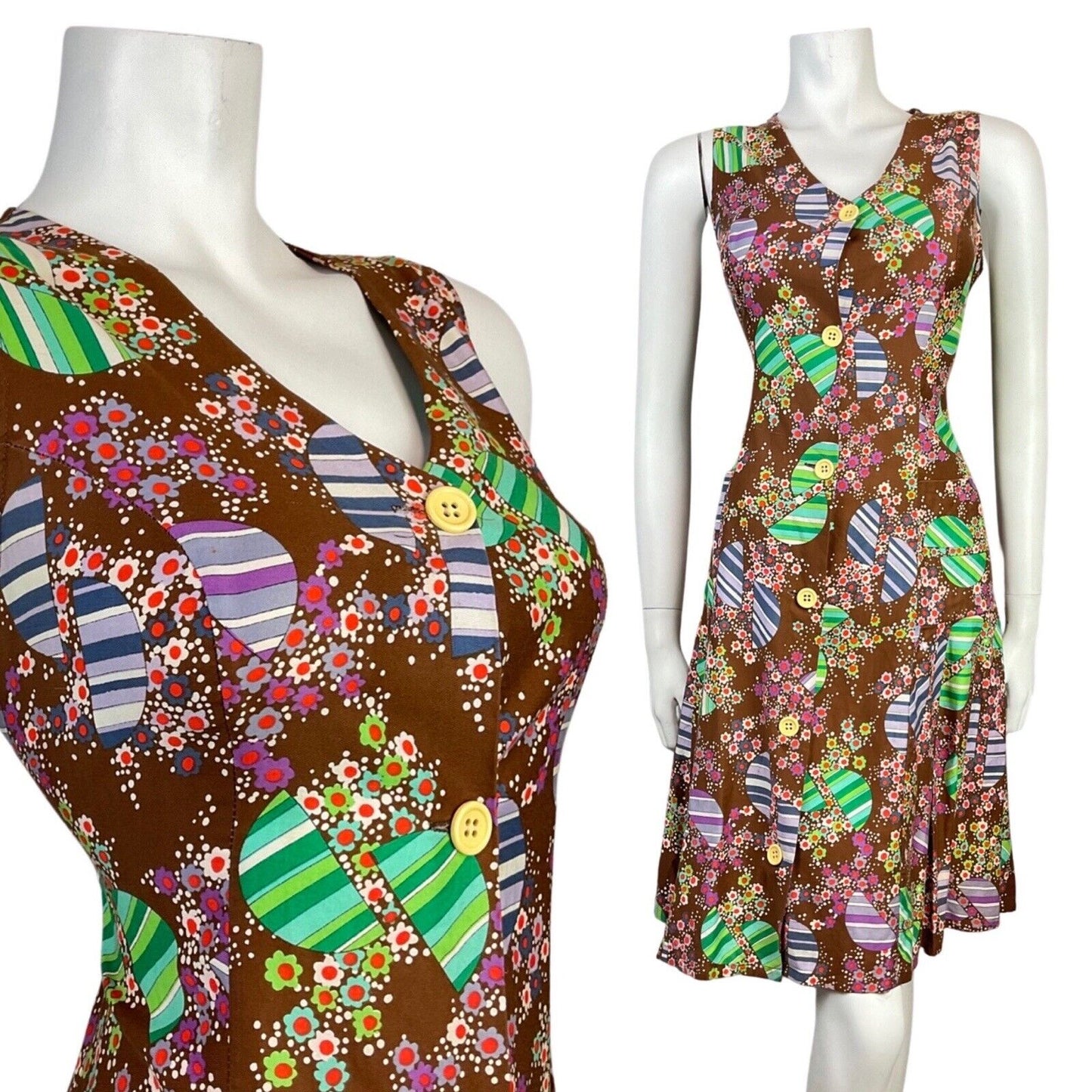 VINTAGE 60s 70s BROWN GREEN PURPLE PSYCHEDELIC DAISY DOTTY MOD DRESS 10 12