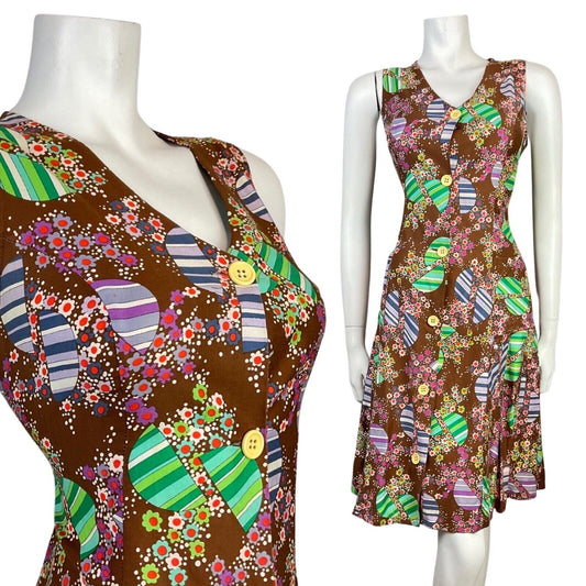 VINTAGE 60s 70s BROWN GREEN PURPLE PSYCHEDELIC DAISY DOTTY MOD DRESS 10 12