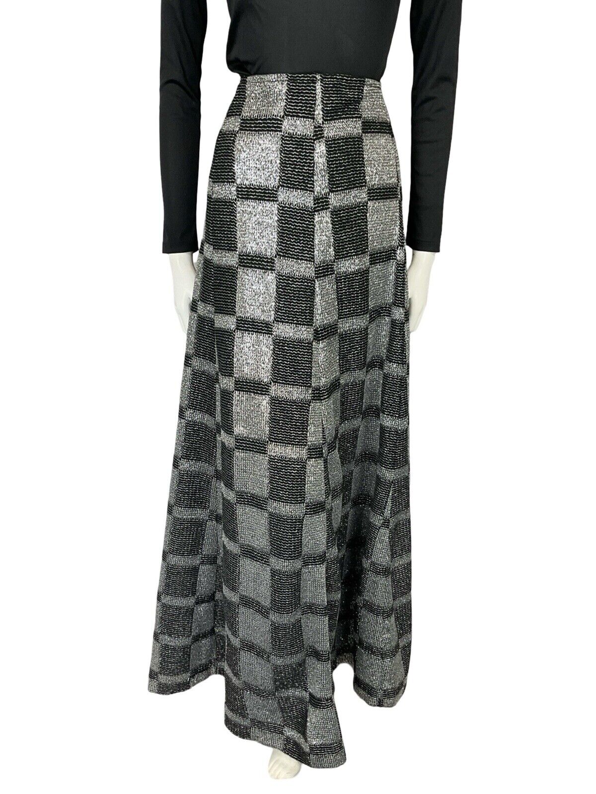 VTG 70S BLACK SILVER LUREX CHECKERBOARD DISCO PARTY MAXI A LINE SKIRT S 8 10