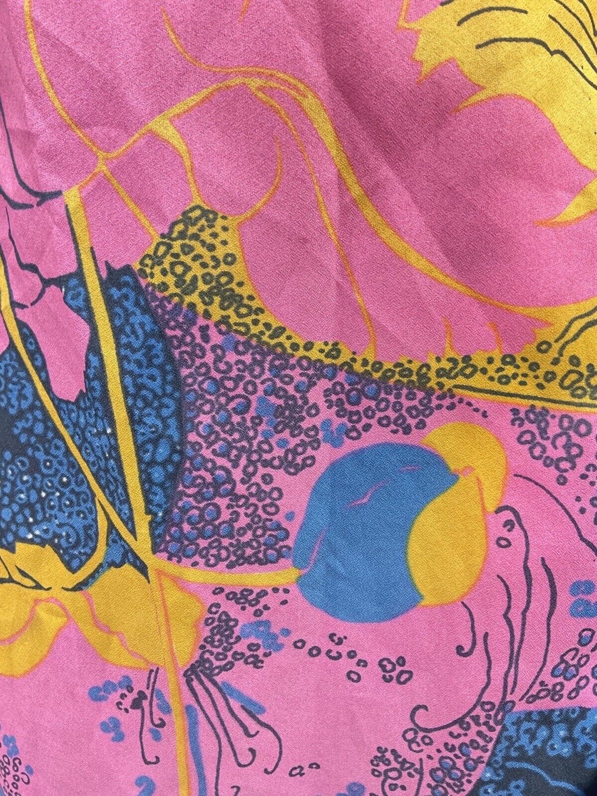 VTG 60s 70s BLUE PINK YELLOW PSYCHEDELIC ABSTRACT RUFFLED HOUSE COAT DRESS 14 16