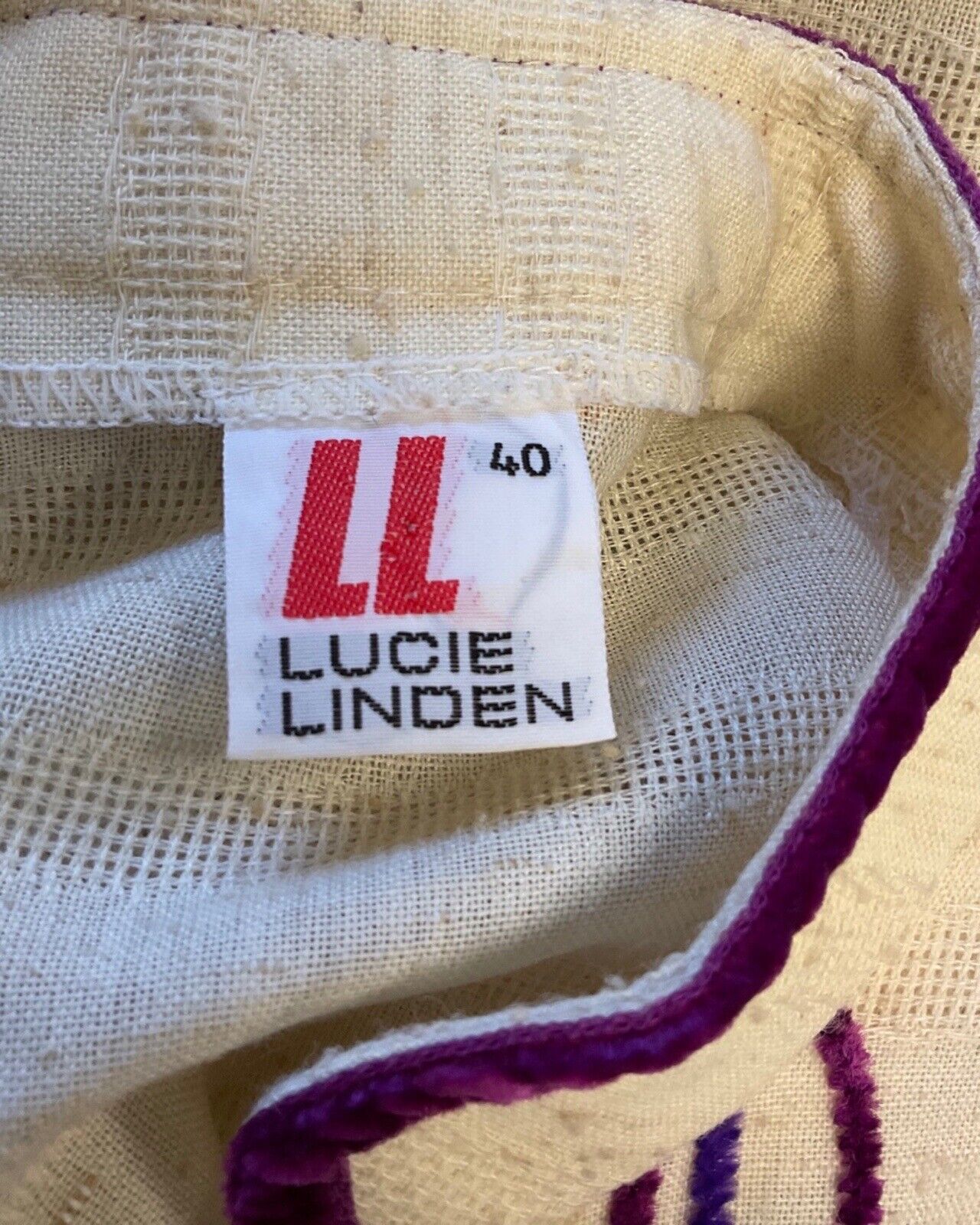 VINTAGE 70s CREAM PURPLE WINE VELVET SWIRL LUCIE LINDEN BOHO BLOUSE 12 14