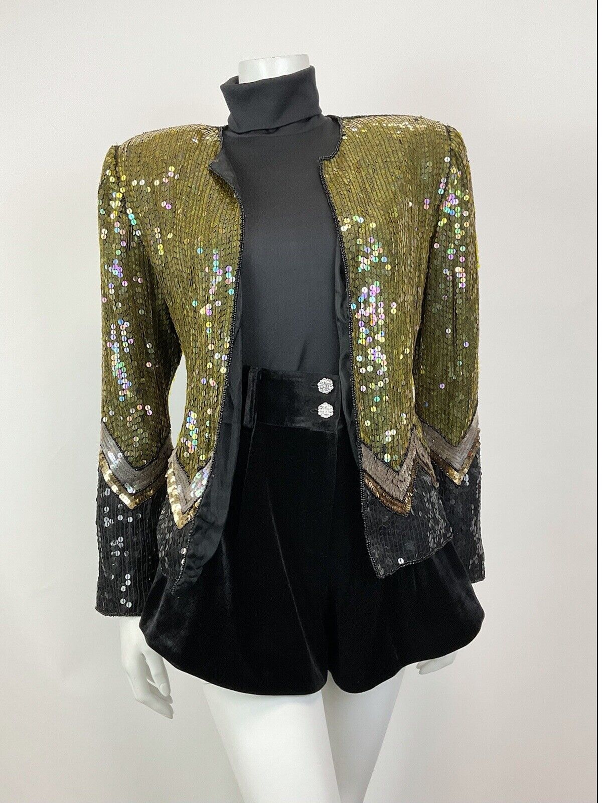 VINTAGE 70s 80s GOLD BLACK SILVER SEQUIN ZIG-ZAG DISCO PARTY TROPHY JACKET 8 10