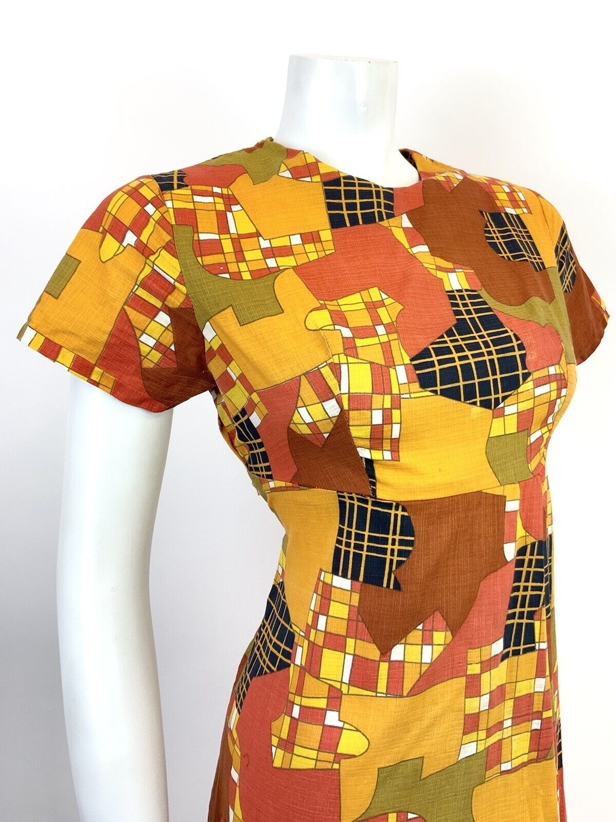VTG 60s 70s ORANGE YELLOW RED BLACK PSYCHEDELIC CHECKED ABSTRACT MOD DRESS 12