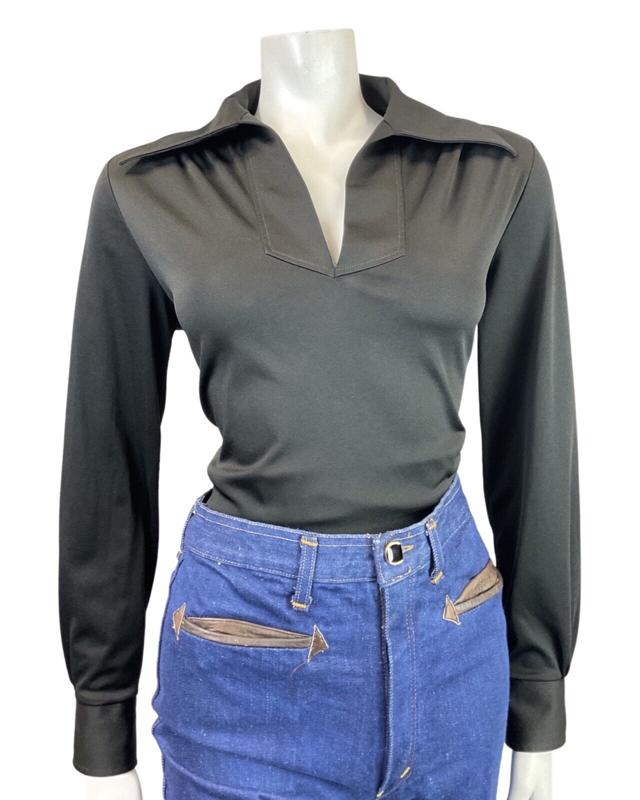 VINTAGE 60s 70s JET BLACK DAGGER COLLAR BLOUSE TOP 14 16