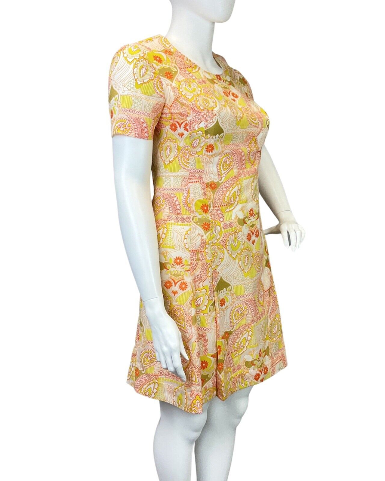 VINTAGE 60s 70s YELLOW RED WHITE PSYCHEDELIC PAISLEY FLORAL MOD DRESS 16 18