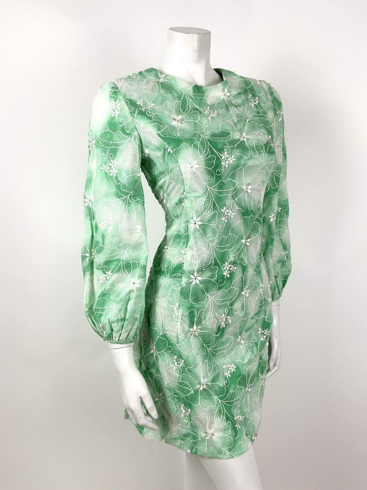 VINTAGE 60s 70s GREEN APPLE WHITE TIE-DYE FLORAL EMBROIDERED MOD DRESS 10