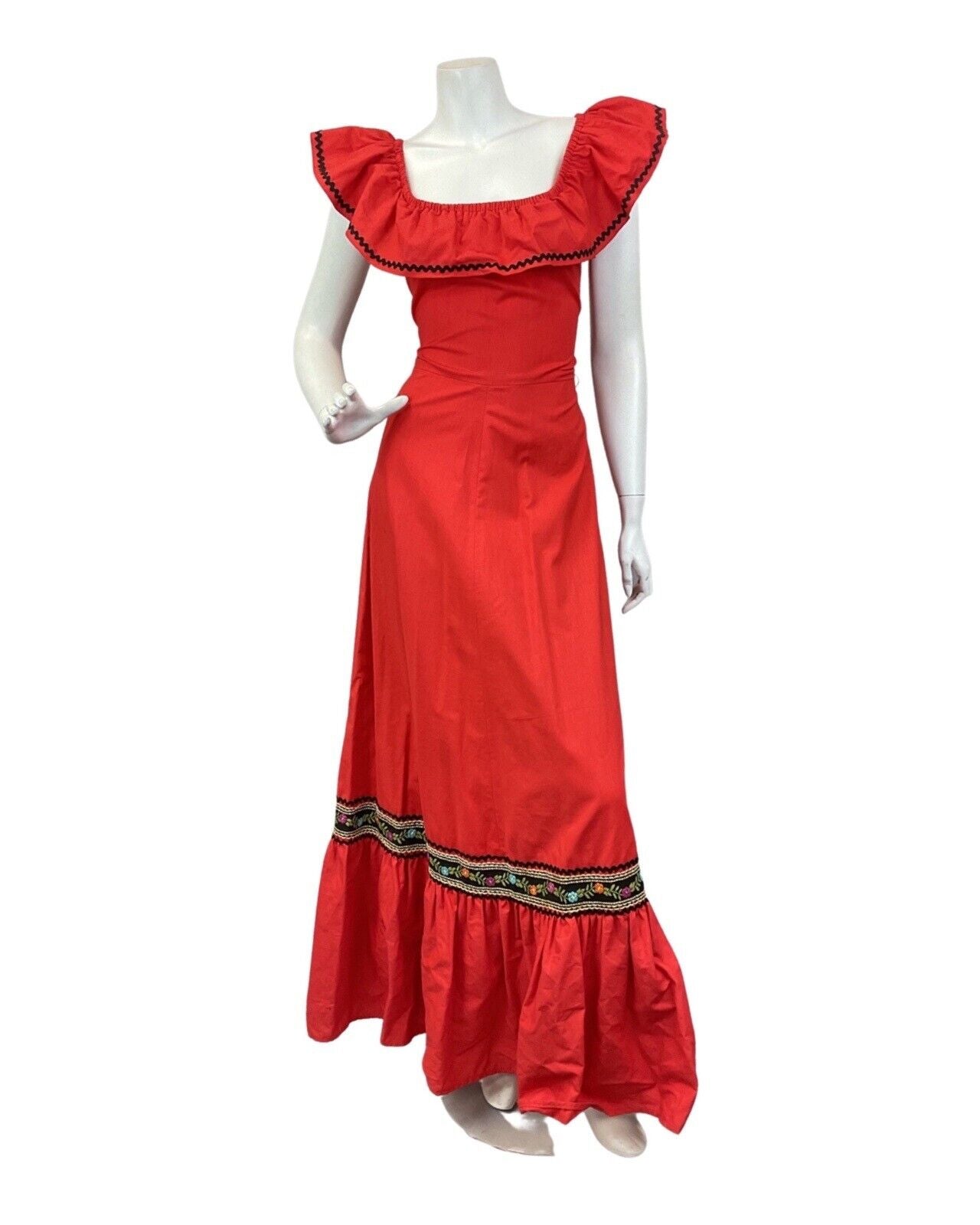 VINTAGE 60s 70s RED BLACK RIC-RAC FLORAL BARDOT RUFFLE BOHO FOLK MAXI DRESS 8