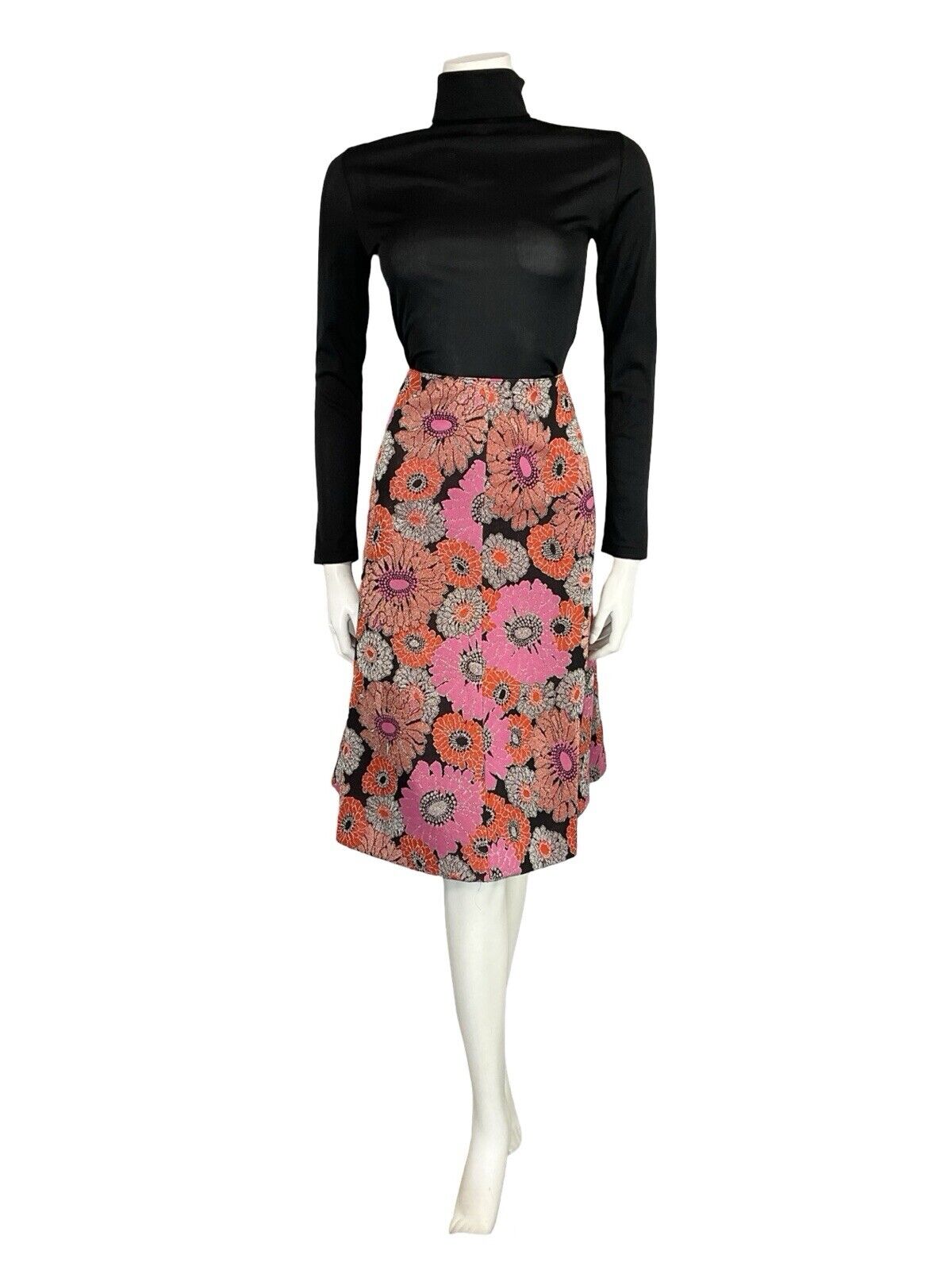 VTG 60S 70S VIBRANT RED PINK SILVER BLACK FLORAL CIRCLE MIDI PARTY SKIRT 12