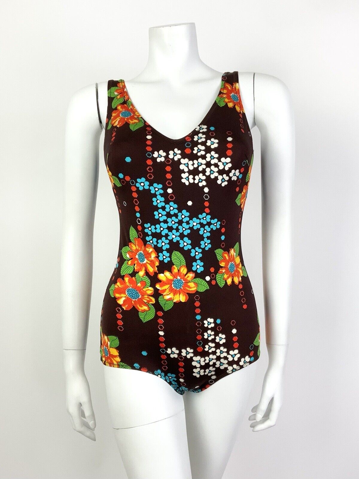 VTG 60s 70s BROWN ORANGE BLUE FLORAL LOW-BACK MOD SWIMSUIT BODY SUIT 10 12