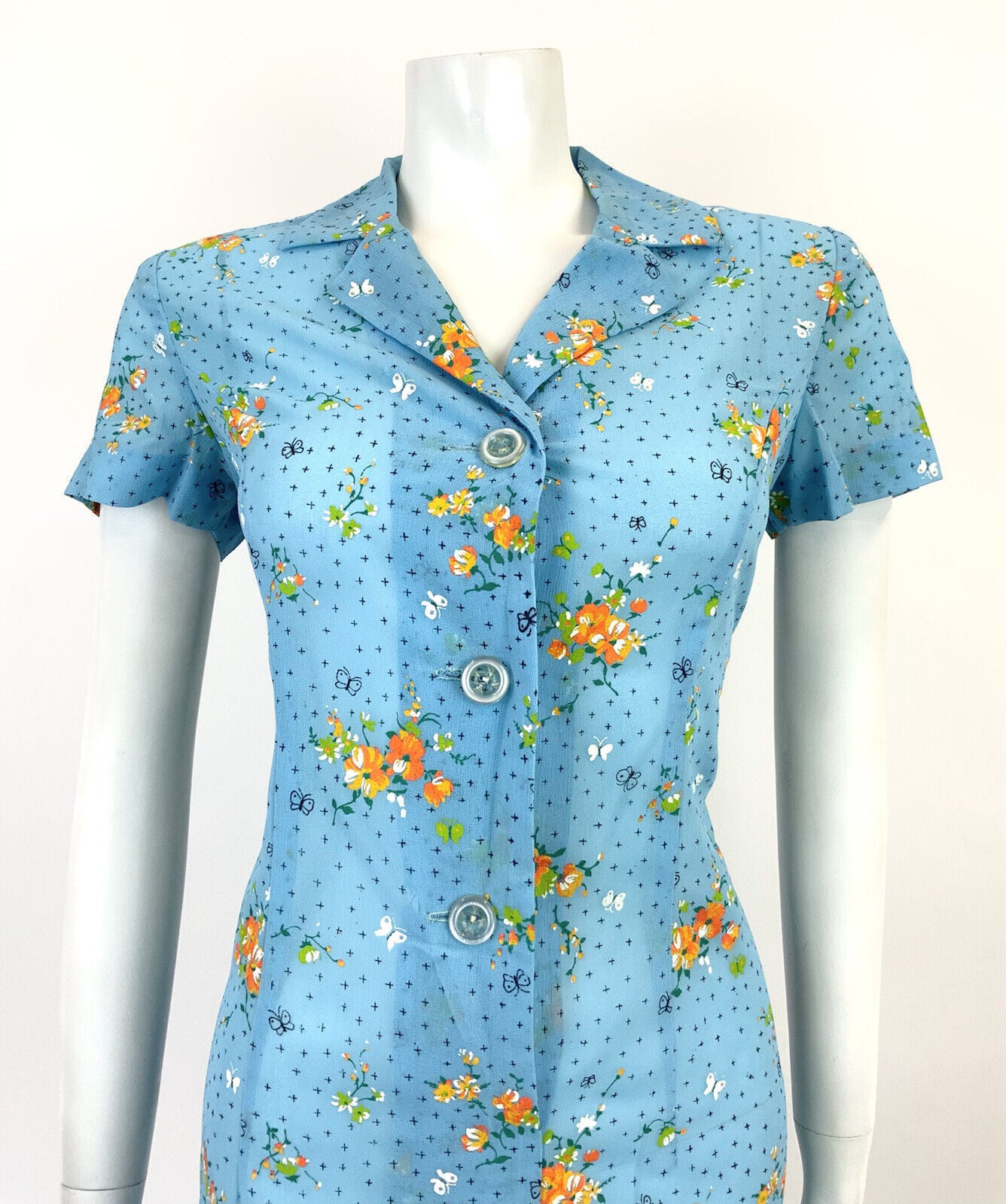VTG 60s 70s BABY BLUE WHITE ORANGE FLORAL BUTTERFLY MOD SHEER SHIRT DRESS 10 12