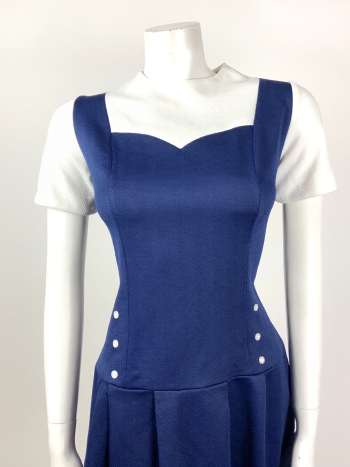 VINTAGE 60s 70s NAVY BLUE WHITE NAUTICAL SWEETHEART MOD DRESS 12