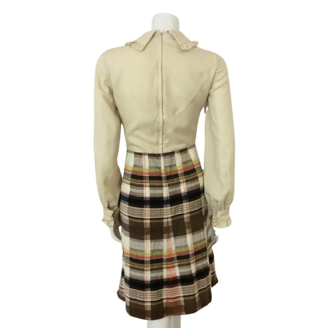 VINTAGE 60S CREAM BROWN PLAID TARTAN MOD MAD MEN SECRETARY SHIRT DRESS 8 10