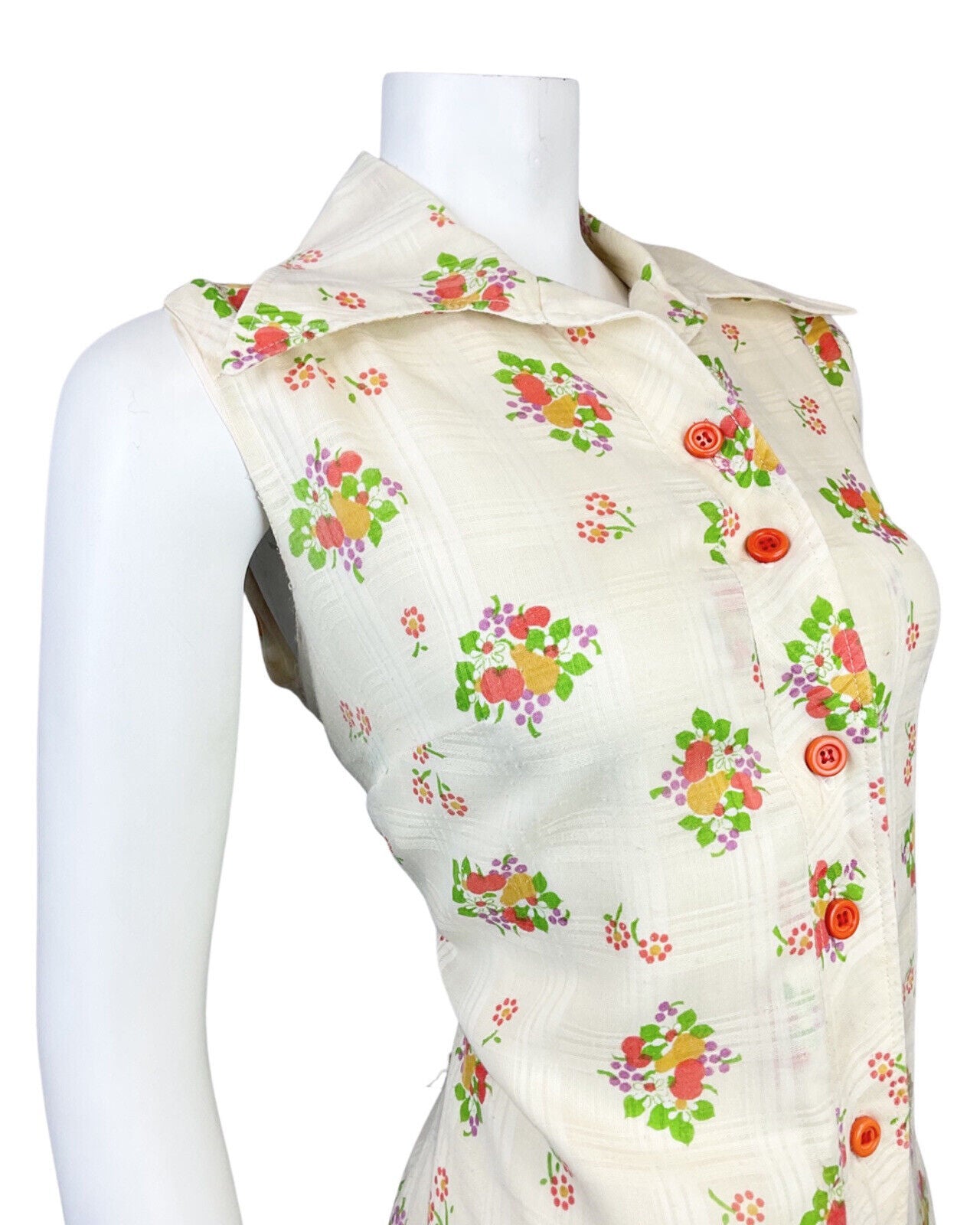 VINTAGE 60s 70s CREAM RED GREEN FLOWER APPLE PEAR MOD DAGGER SHIRT DRESS 14 16