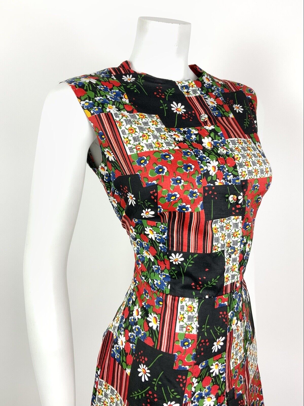 VTG 60s 70s BLACK RED GREEN PATCHWORK FLORAL FOLK BOHO GYPSY SLEEVELESS DRESS 12