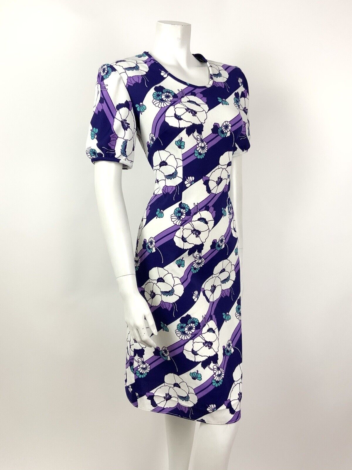 VINTAGE 60s 70s PURPLE WHITE TURQUOISE STRIPED FLORAL MOD DRESS 14 16