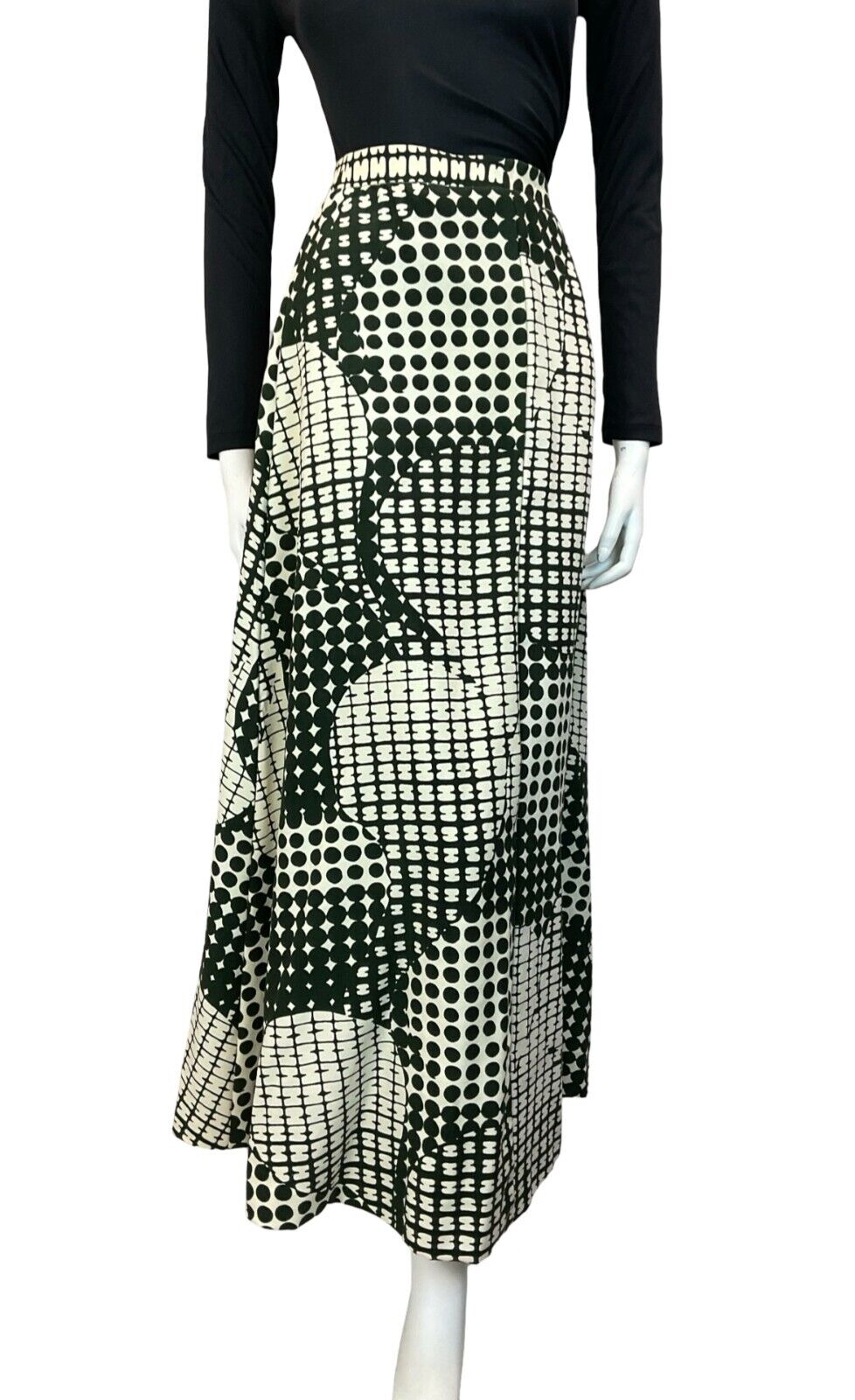 VTG 60S 70S GREEN/BLACK WHITE GEOMETRIC SPOTTY ABSTRACT PRINT MAXI SKIRT SIZE 12