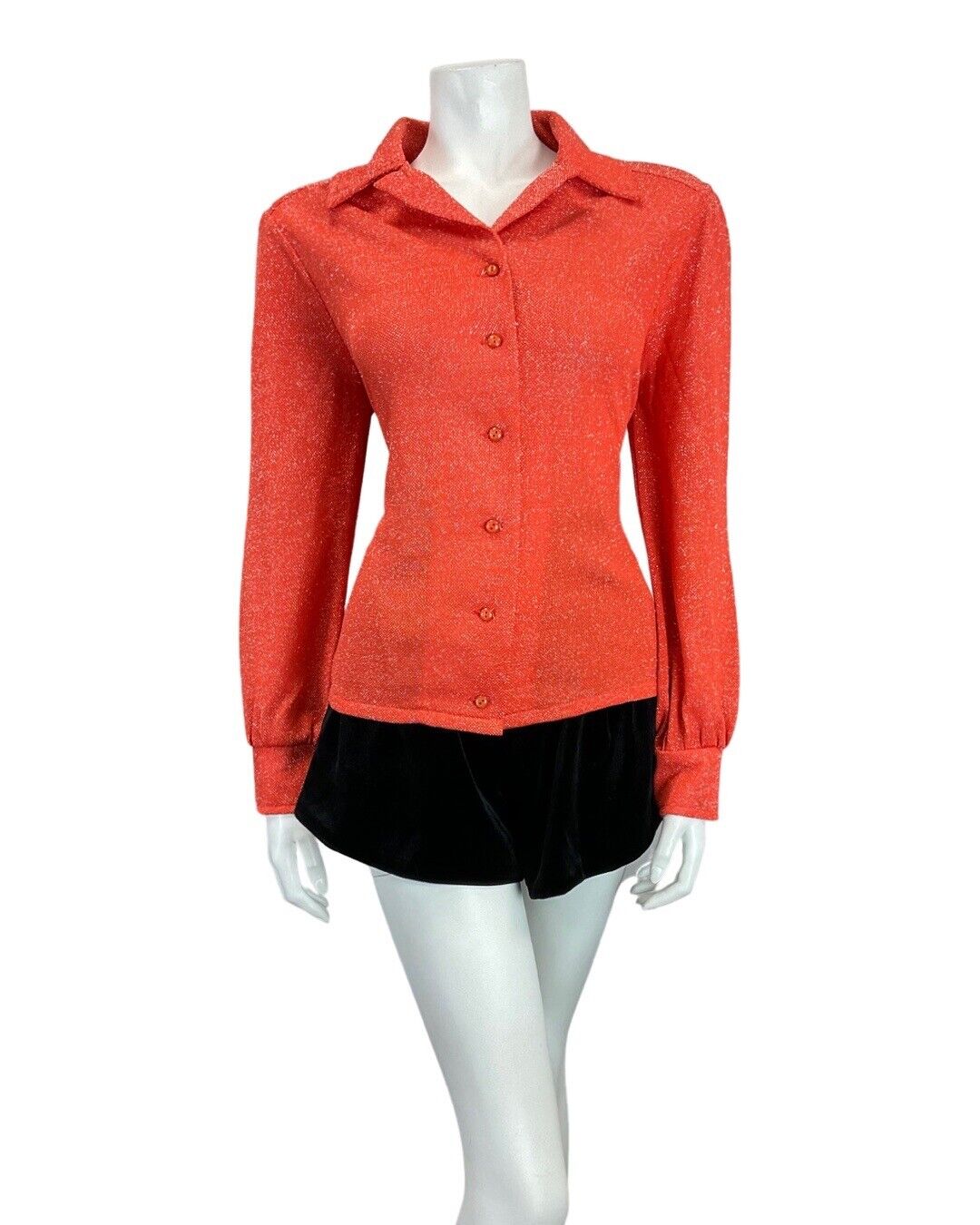 VINTAGE 60s 70s BRIGHT RED GLITTER DISCO LUREX DAGGER COLLAR SHIRT 12