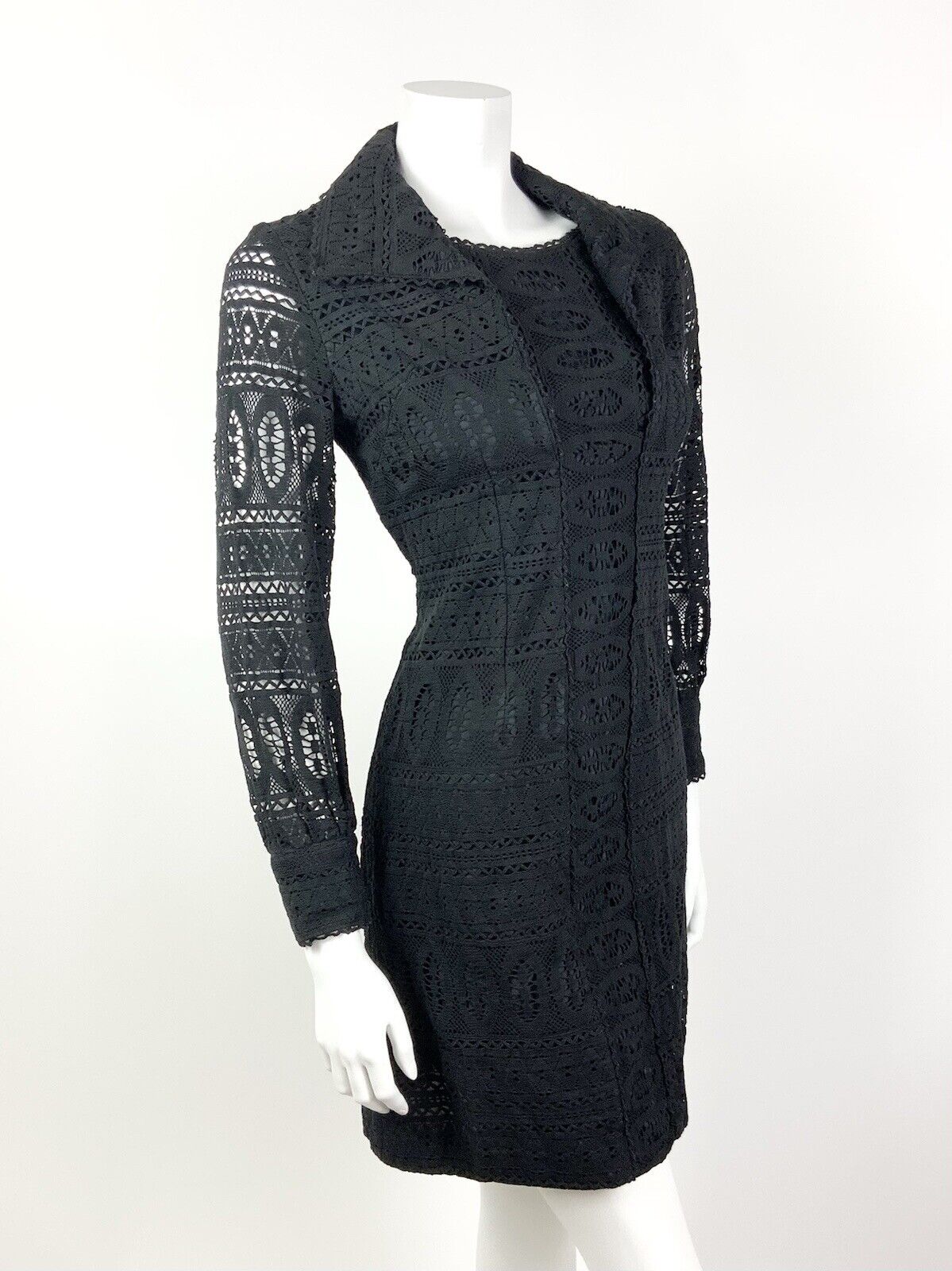VINTAGE 60s 70s BLACK LACE CROCHET MOD COVEN GLAM WING COLLAR DRESS 10 12