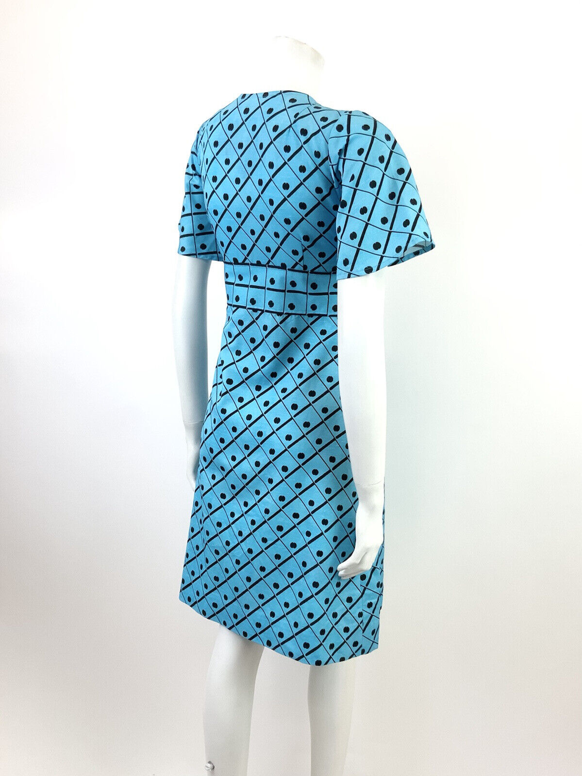 VINTAGE 60s 70s BRIGHT BLUE BLACK GRID CHECKED DOTTY BELL SLEEVE MOD DRESS 8 10