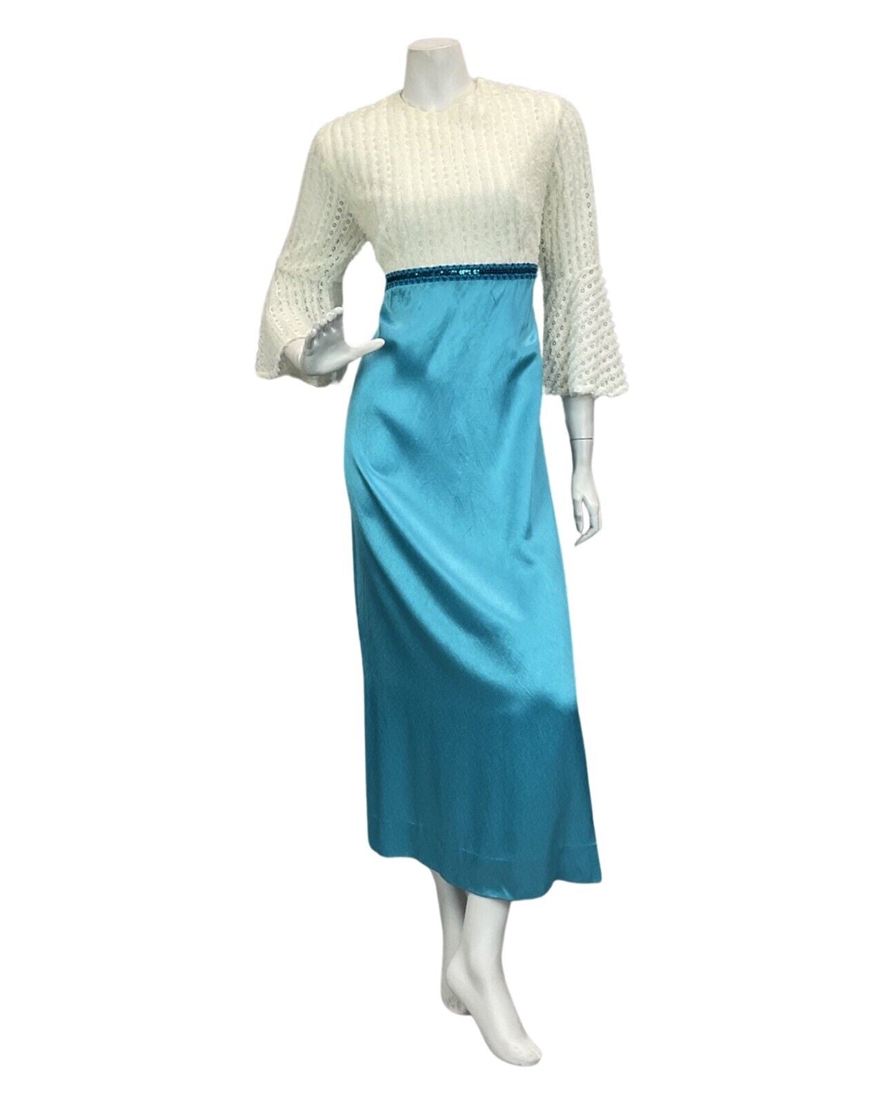 VTG 60s 70s WHITE BLUE SEQUIN SATIN BELL SLEEVE MAXI DRESS 10 12