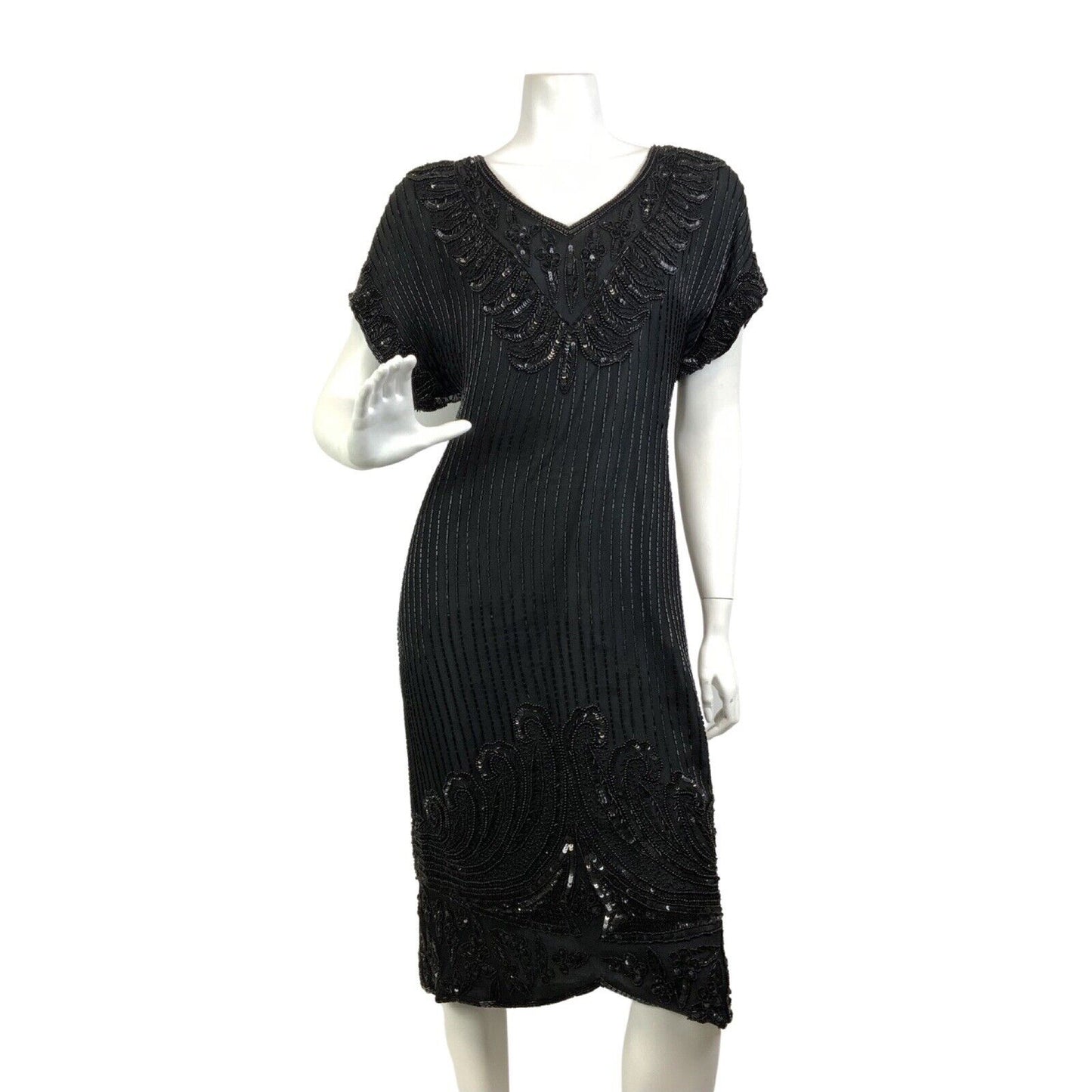 VINTAGE 70s 80s BLACK SEQUIN BEADED FLAPPER STYLE DISCO GLAM PARTY DRESS 14