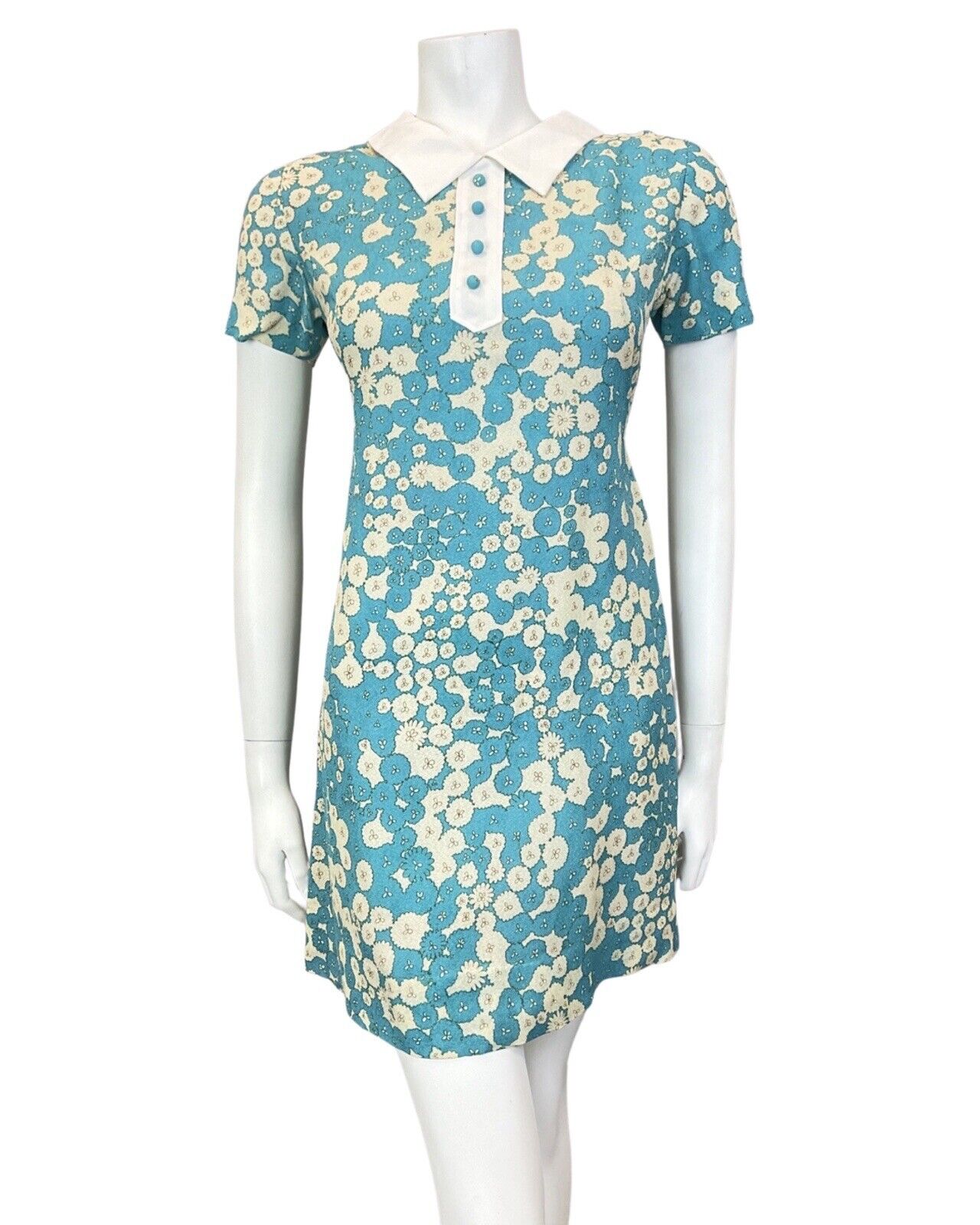 VINTAGE 60s 70s BLUE CREAM FLORAL ABSTRACT DITSY MOD SHORT SHIRT DRESS 10