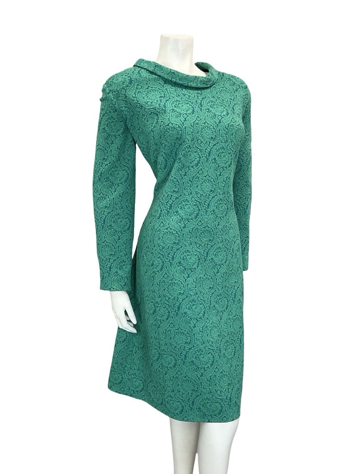 VTG 60S TEAL BLUE GREEN SPARKLY PAISLEY ROUNDED COLLAR PARTY MIDI DRESS 16