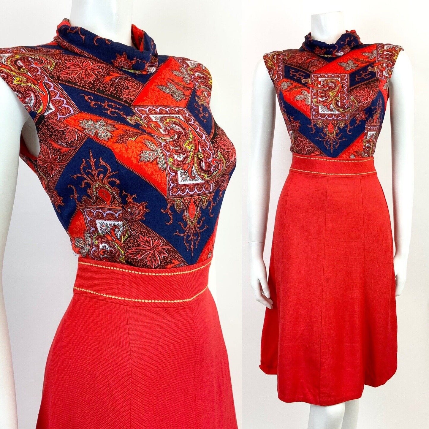 VINTAGE 60s 70s RED BLUE FLORAL BAROQUE TURTLENECK SLEEVELESS MOD DRESS 10