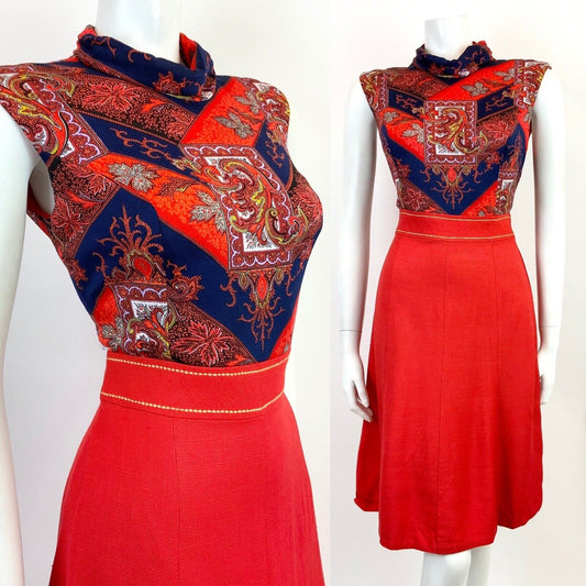 VINTAGE 60s 70s RED BLUE FLORAL BAROQUE TURTLENECK SLEEVELESS MOD DRESS 10
