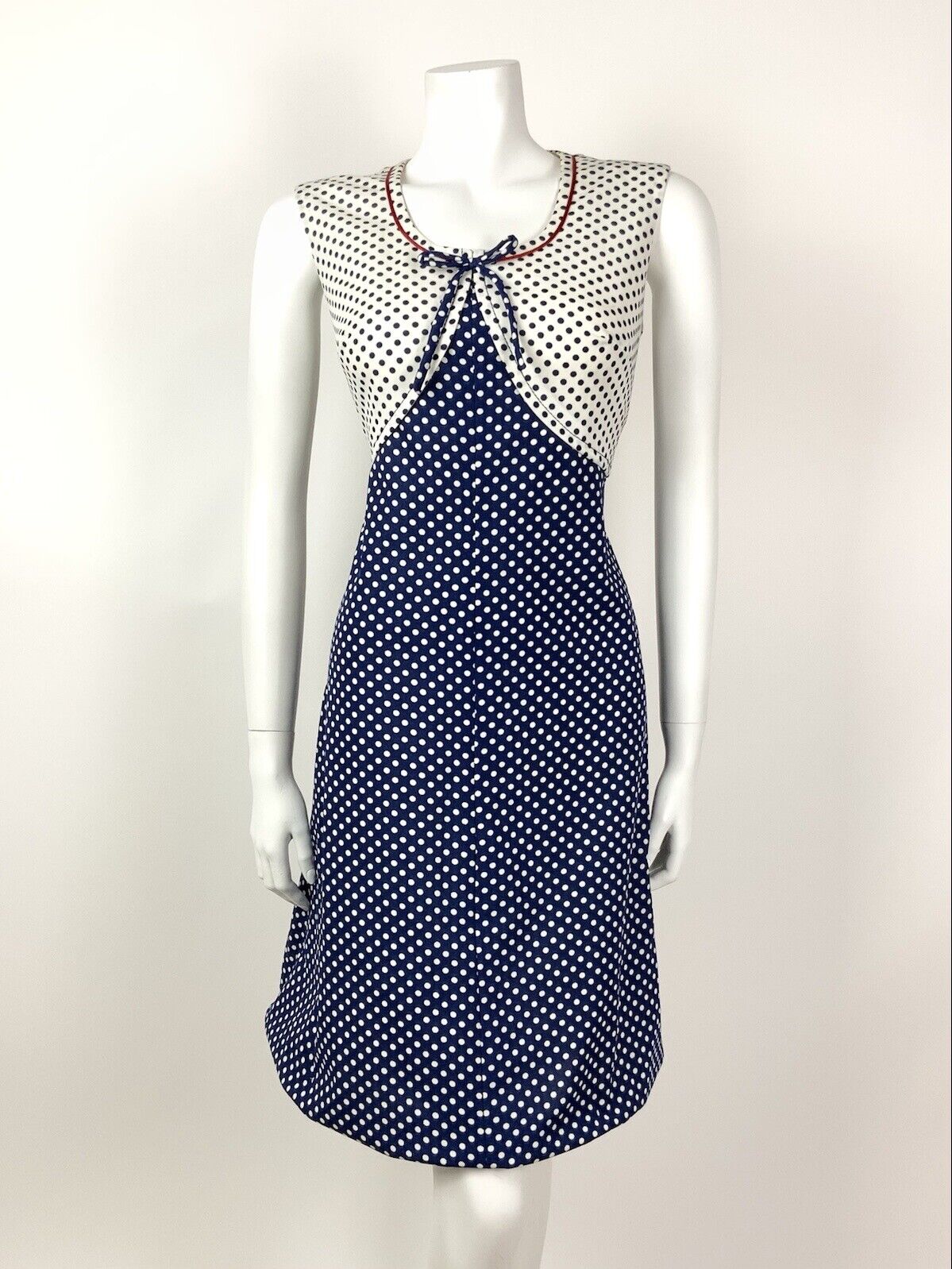 VINTAGE 60s 70s BLUE WHITE RED POLKA-DOT BOW MOD SLEEVELESS DRESS 12 14