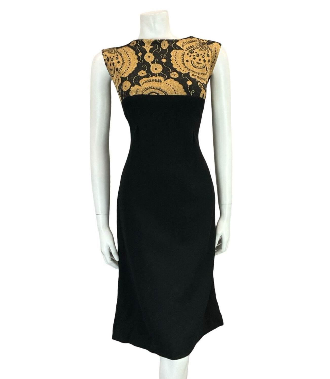 VTG 60S MOD PARTY FORM FITTING BLACK GOLD PSYCHEDELIC FLORAL SLEEVELESS DRESS 14