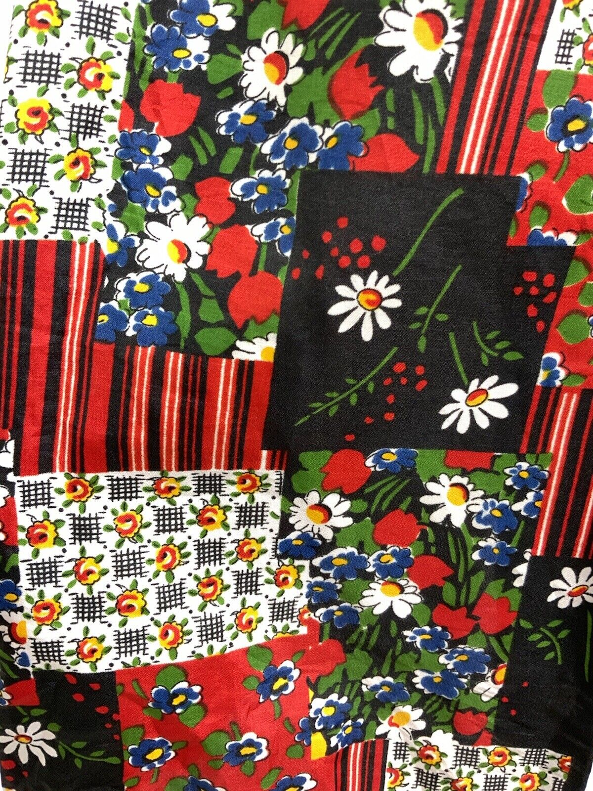 VTG 60s 70s BLACK RED GREEN PATCHWORK FLORAL FOLK BOHO GYPSY SLEEVELESS DRESS 12