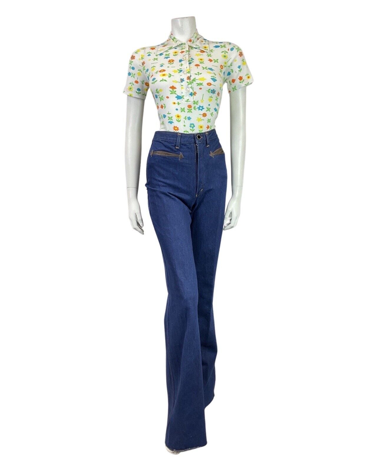 VINTAGE 60s 90s WHITE ORANGE GREEN DAISY TULIP FLORAL MOD SHIRT BODYSUIT 8 10