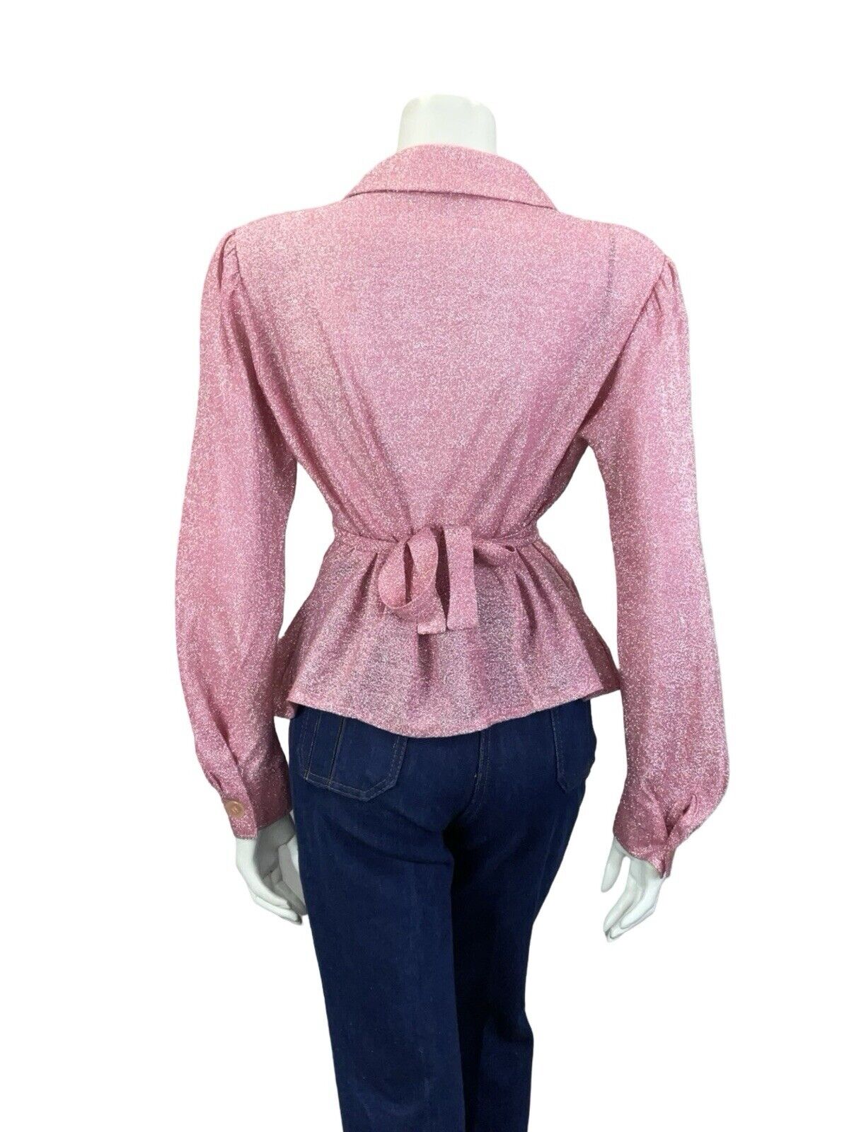 VTG 60S 70S SAILOR COLLAR PINK LUREX BUTTON DOWN TIE WAIST PARTY SHIRT 12 14 M