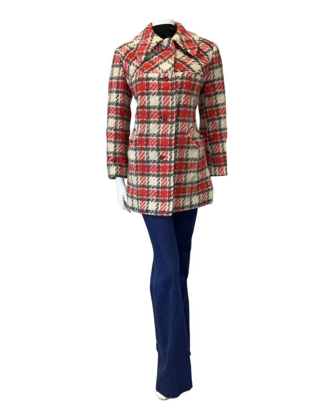 VINTAGE 60s 70s RED CREAM BLACK PLAID CHECKED MOD DAGGER COLLAR WOOL COAT 12