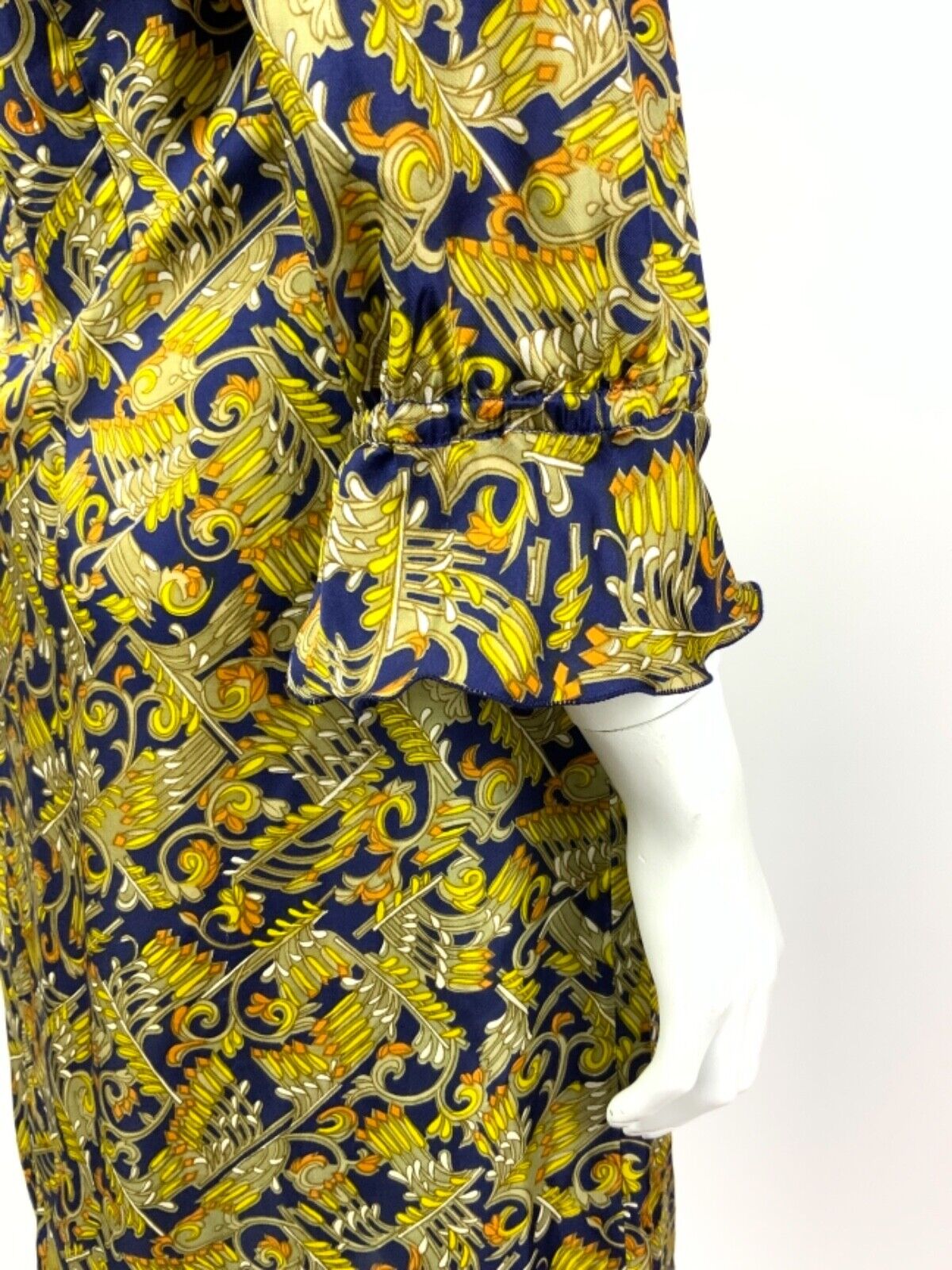 VINTAGE 60s 70s BLUE BEIGE YELLOW ORANGE SWIRL PSYCHEDELIC RUFFLE DRESS 16