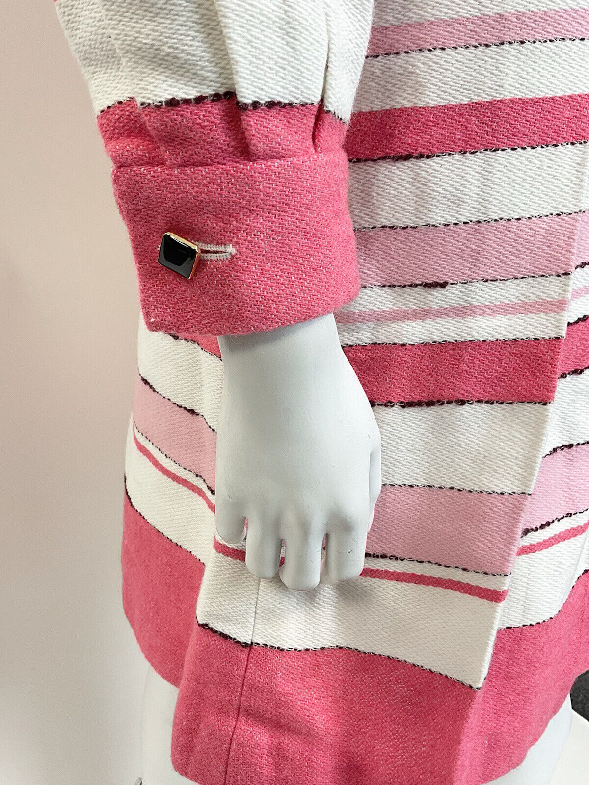 VINTAGE 60s 70s WHITE PINK ROSE STRIPED PLEATED MOD DAGGER SHIRT DRESS 8 10