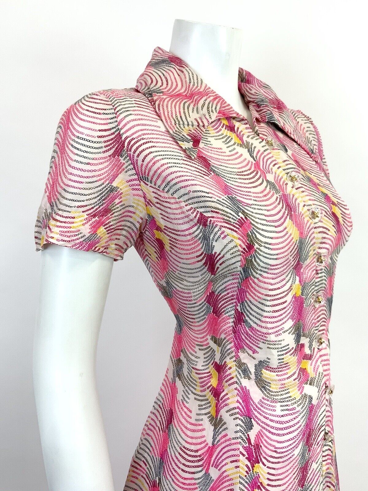 VTG 60s 70s PINK YELLOW WHITE WAVY PSYCHEDELIC WING COLLAR MOD SHIRT DRESS 10 12