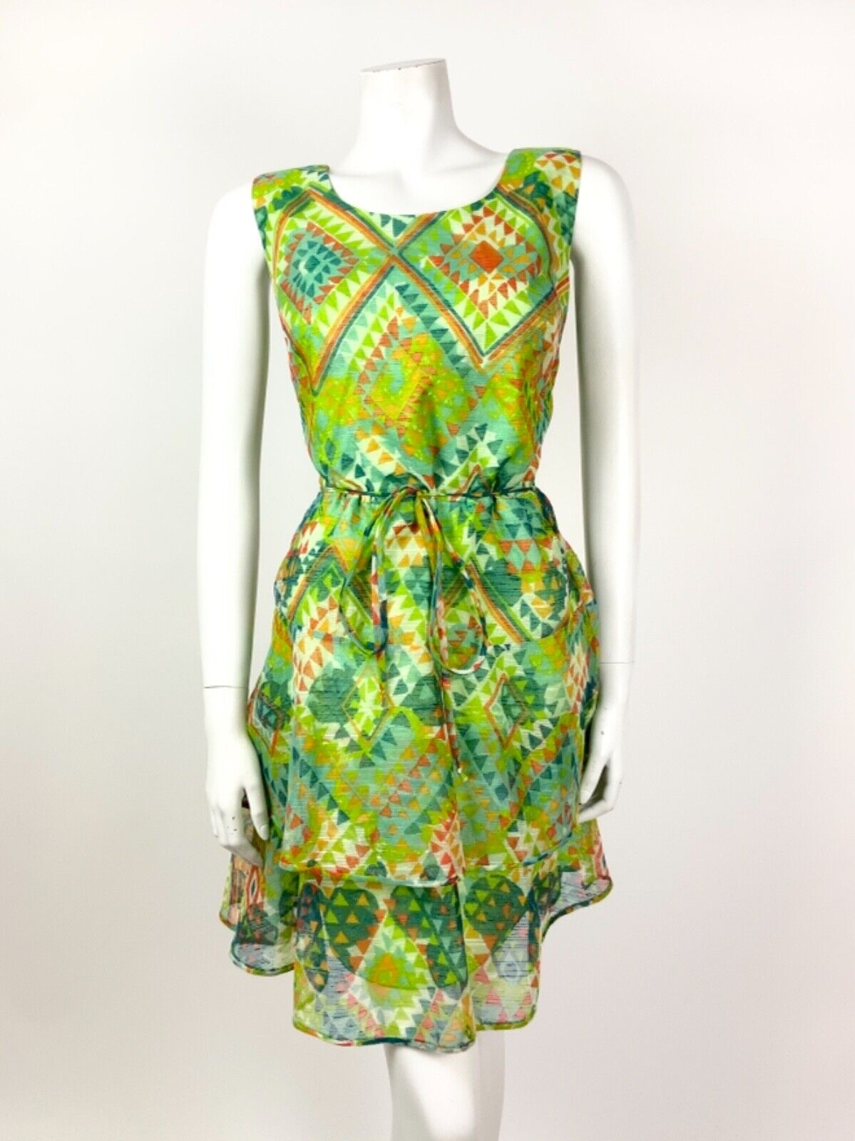 VINTAGE 60s 70s GREEN BLUE RED WHITE AZTEC GEOMETRIC TIERED SHEER DRESS 10 12