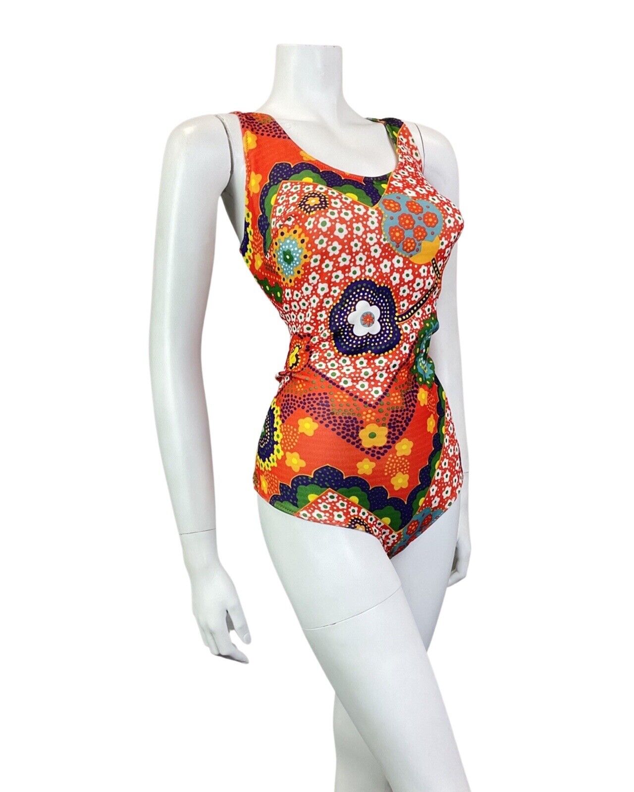 VINTAGE 60s 70s ORANGE PURPLE GREEN DAISY FLOWER DOTTY MOD SWIMSUIT 16 18