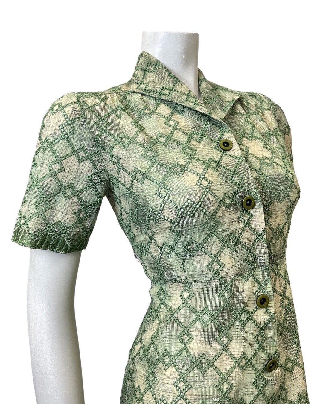 VINTAGE 60s 90s GREEN CREAM DIAMOND EMBROIDERED ANGLAISE MOD SHIRT DRESS 8 10